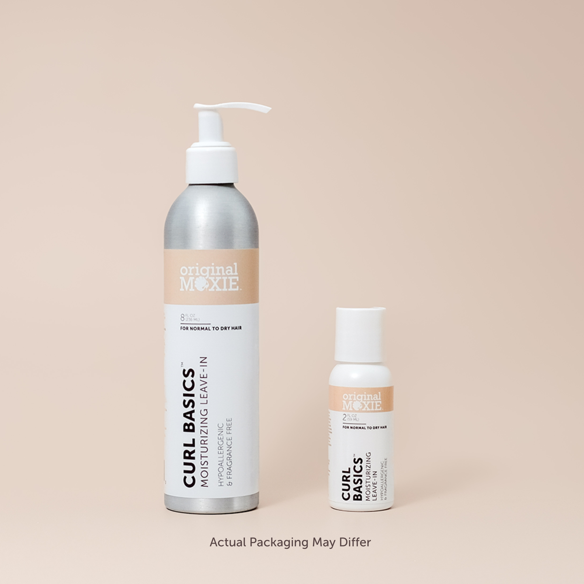 Two bottles of Original Moxie Curl Basics products on a beige background