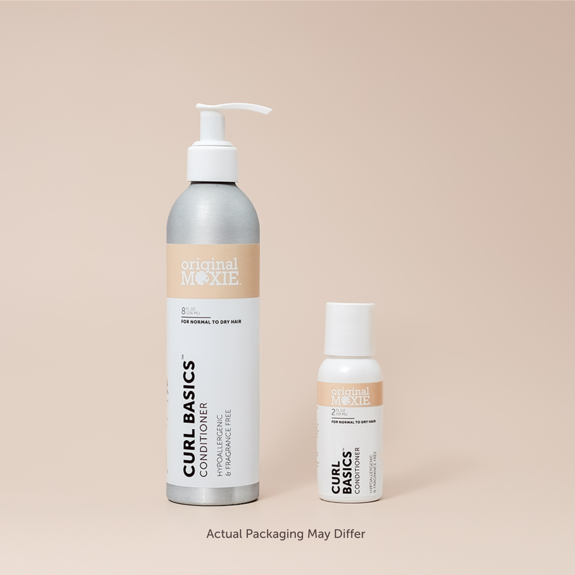 Two bottles of Curl Basics Conditioner on a beige background