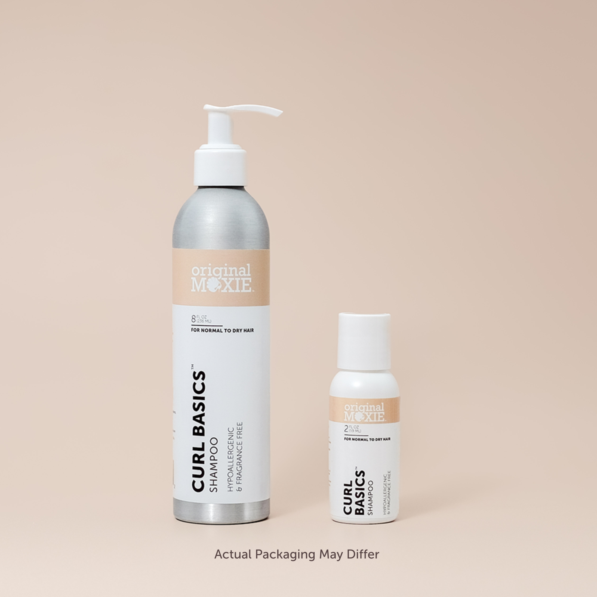 Two bottles of Curl Basics shampoo on a beige background